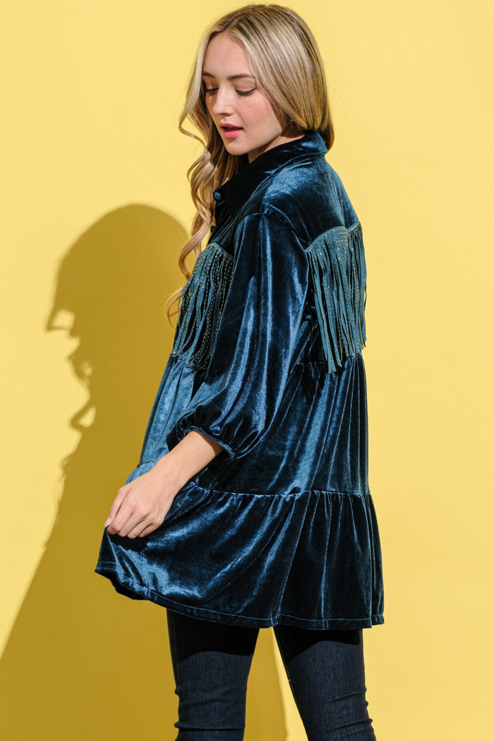 And The Why Fringe Detailed Velvet Shirt Dress | Trendsi