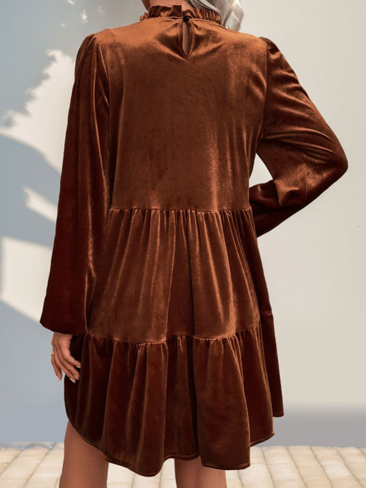 Perfee Tiered Ruched Mock Neck Long Sleeve Dress | Trendsi