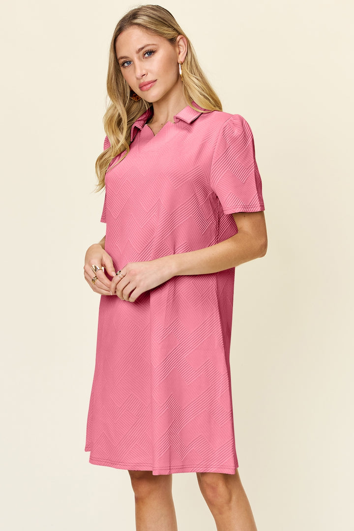 Double Take Full Size Texture Collared Neck Short Sleeve Dress | Trendsi