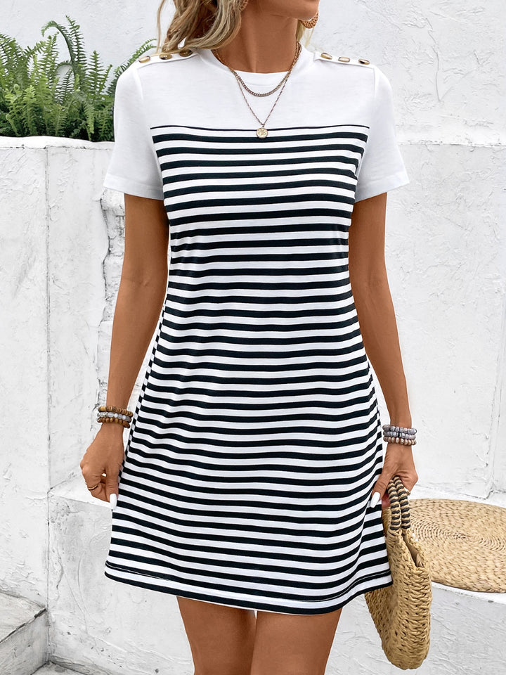 Striped Round Neck Short Sleeve Mini Tee Dress | Trendsi