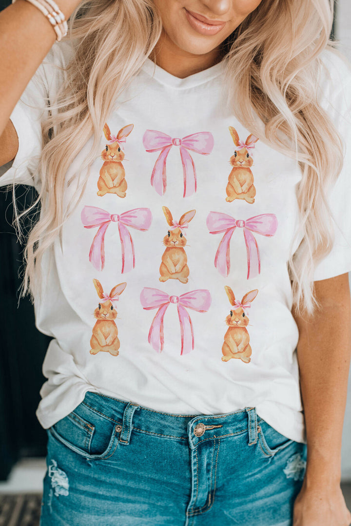 Rabbit & Bow Round Neck Short Sleeve T-Shirt | Trendsi