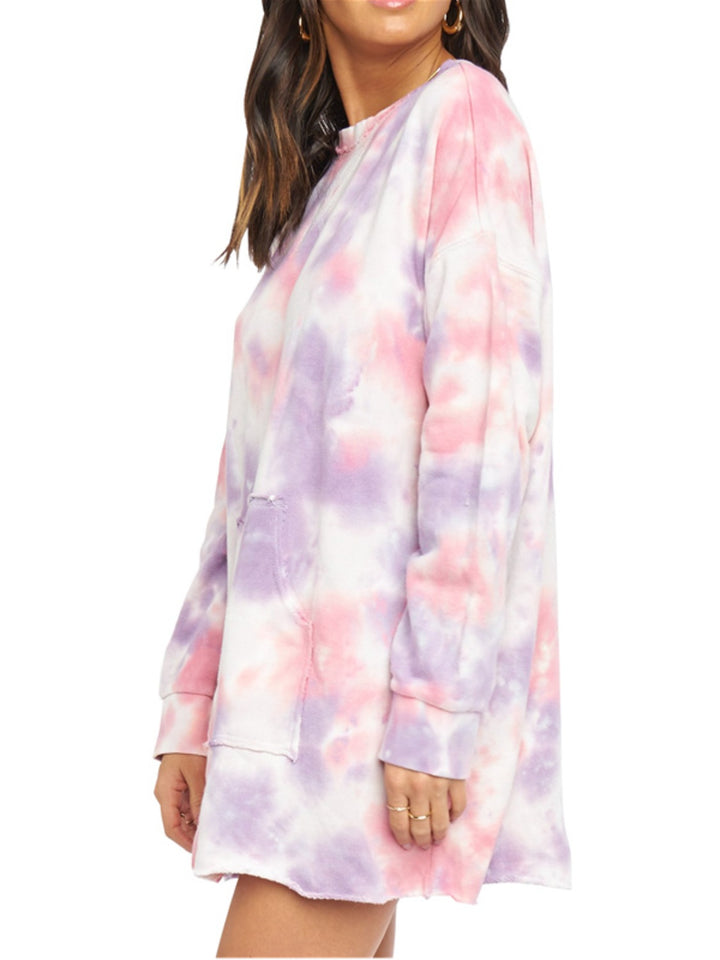 Pocketed Tie-Dye Round Neck Long Sleeve Dress | Trendsi