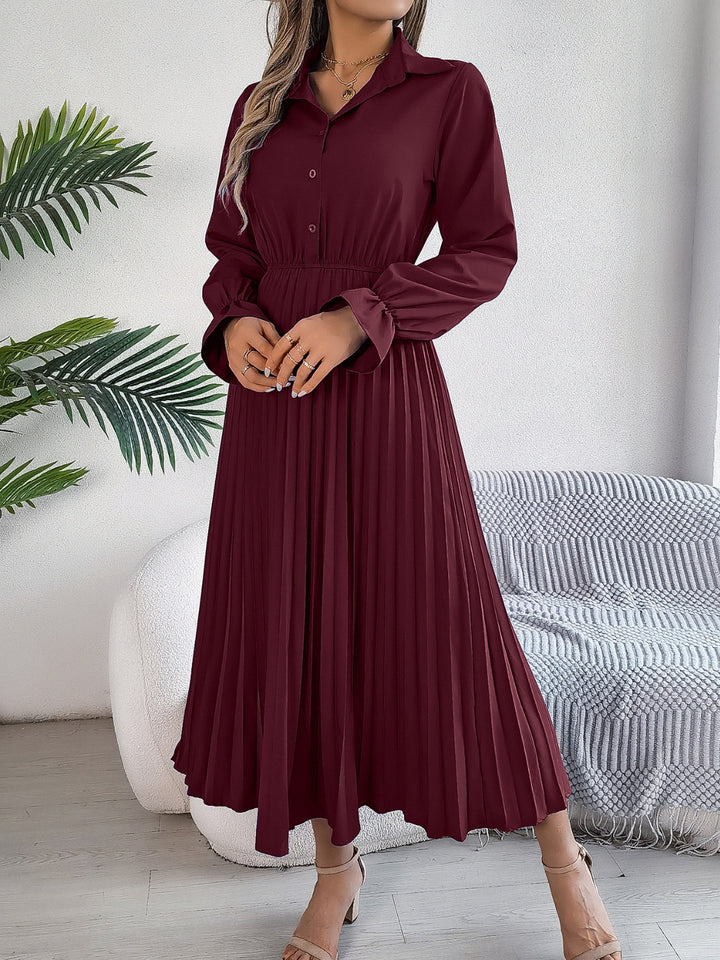 Pleated Half Button Long Sleeve Midi Dress | Trendsi