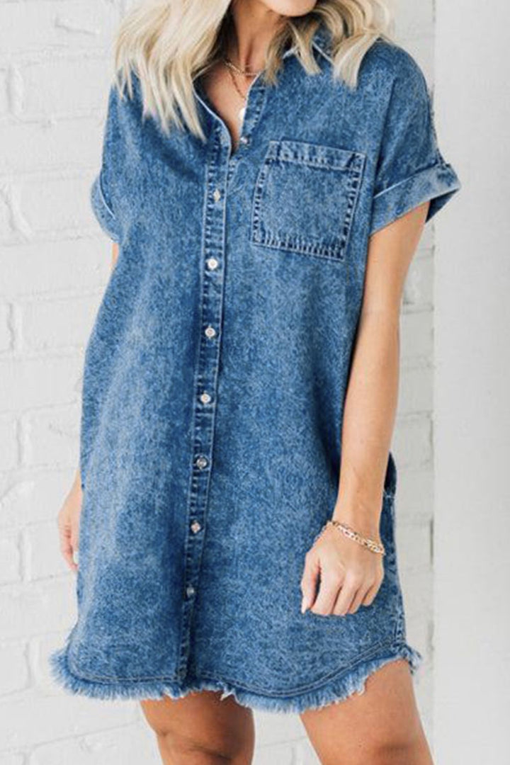 Raw Hem Pocketed Cap Sleeve Denim Dress | Trendsi