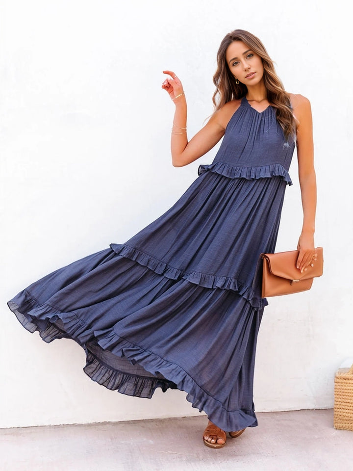 Ruffled Sleeveless Tiered Maxi Dress with Pockets | Trendsi