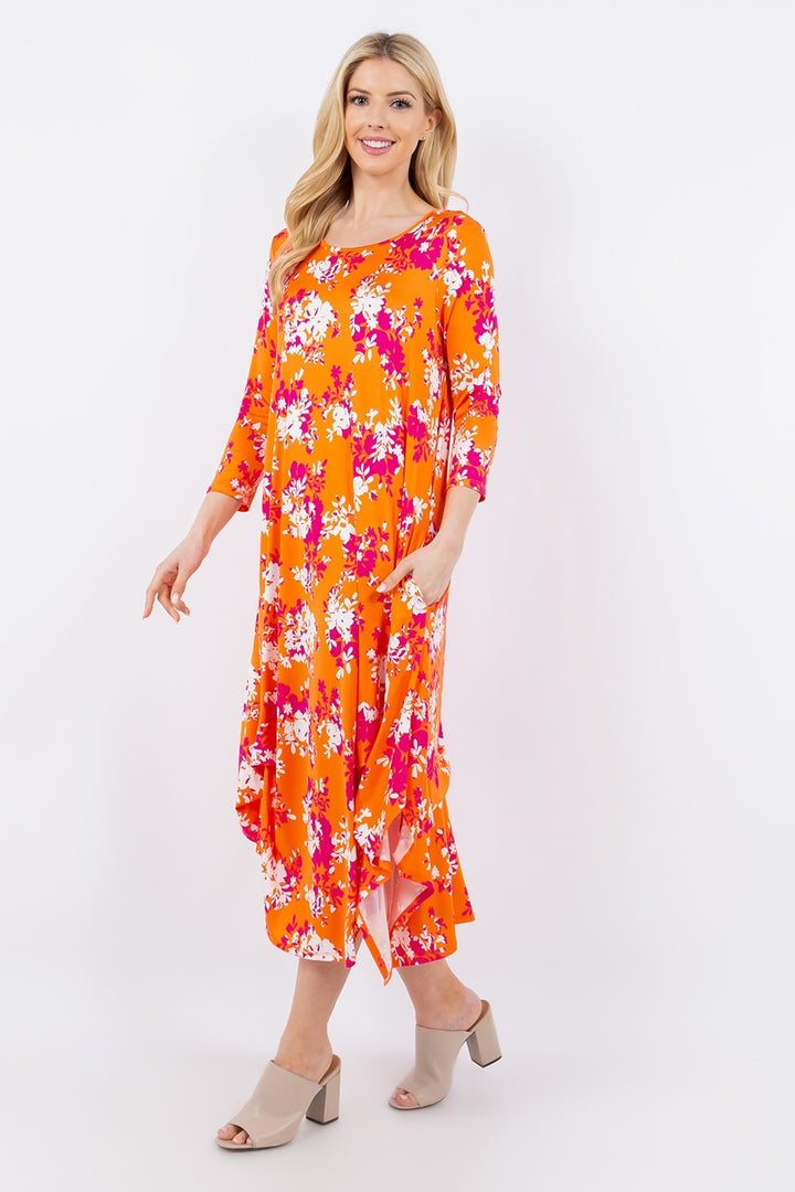 Celeste Full Size Pick-Up Hem Asymmetric Floral Midi Dress | Trendsi