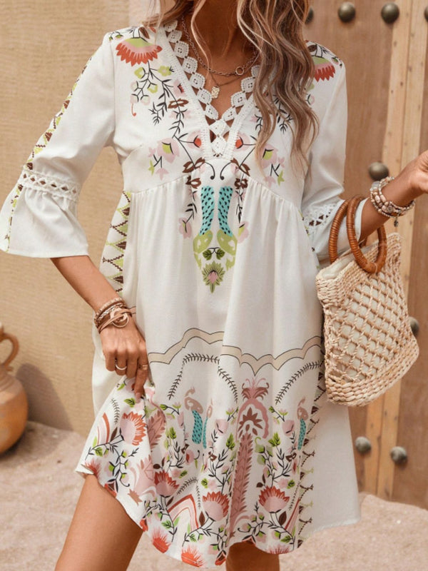 Lace Detail Printed Three-Quarter Sleeve Dress | Trendsi