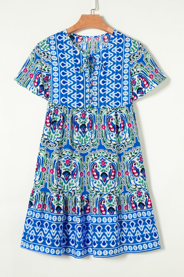 Printed Tie Neck Short Sleeve Dress | Trendsi