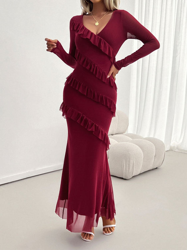 Devine Ruffled Surplice Long Sleeve Maxi Dress | Trendsi