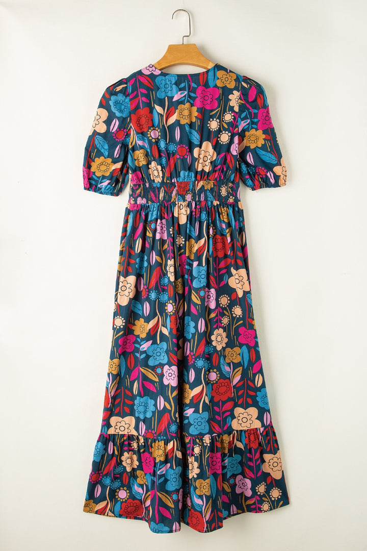 Printed Notched Puff Sleeve Midi Dress | Trendsi