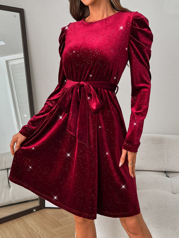 Glitter Round Neck Puff Sleeve Dress | Trendsi