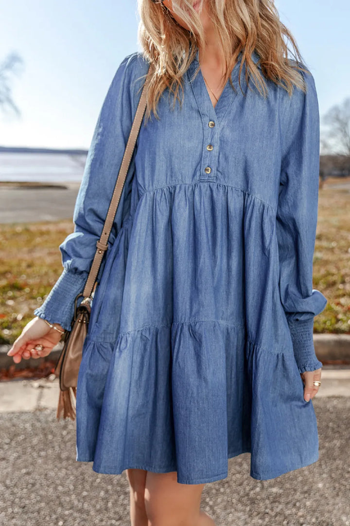 Tiered Johnny Collar Long Sleeve Denim Dress | Trendsi