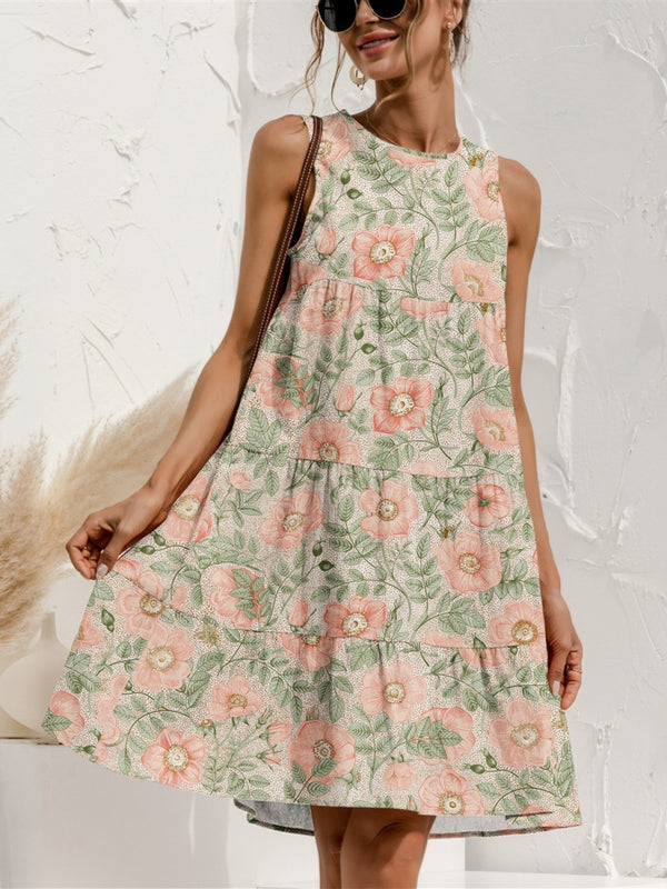 Tiered Printed Round Neck Sleeveless Dress | Trendsi