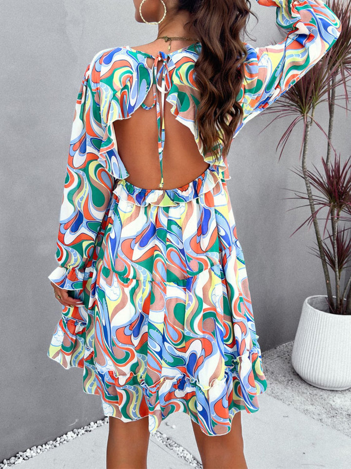 Backless Printed V-Neck Flounce Sleeve Dress | Trendsi