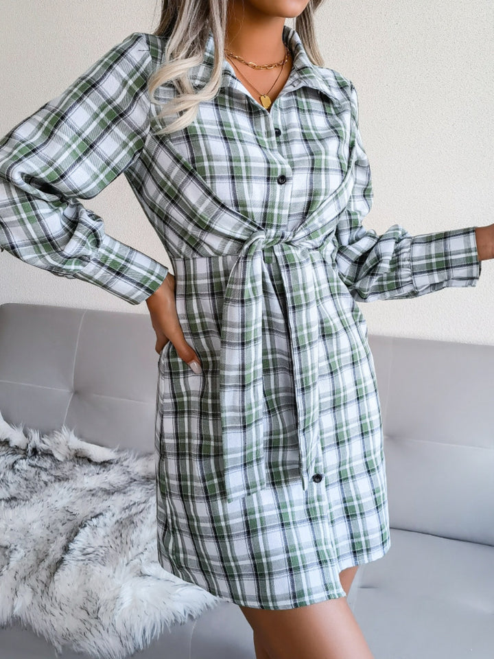 Tied Plaid Long Sleeve Mini Shirt Dress | Trendsi