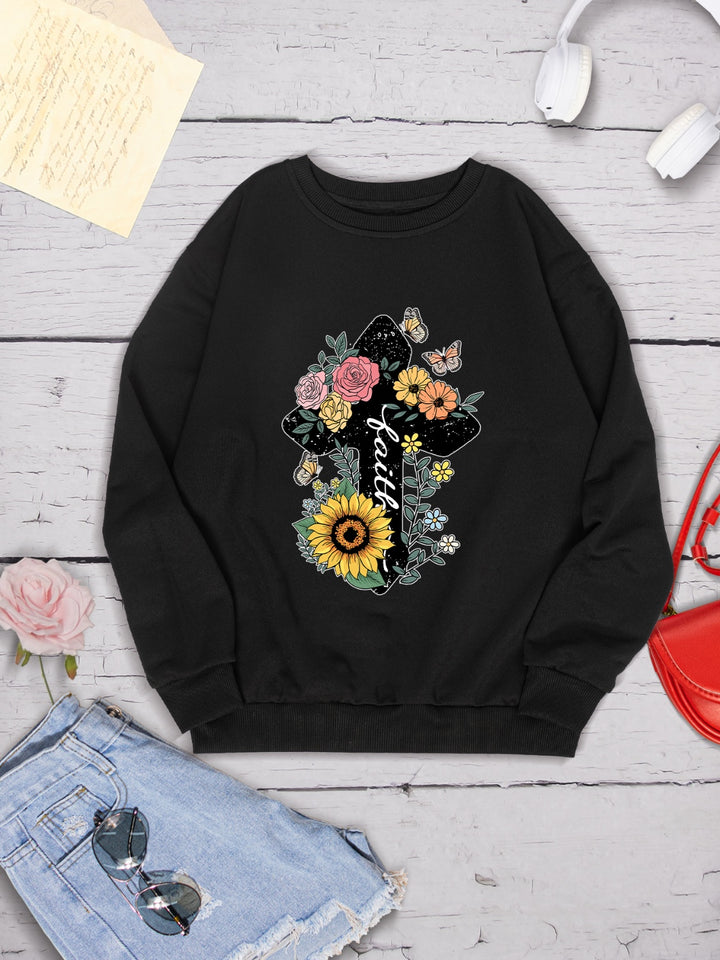 Graphic Round Neck Dropped Shoulder Sweatshirt | Trendsi