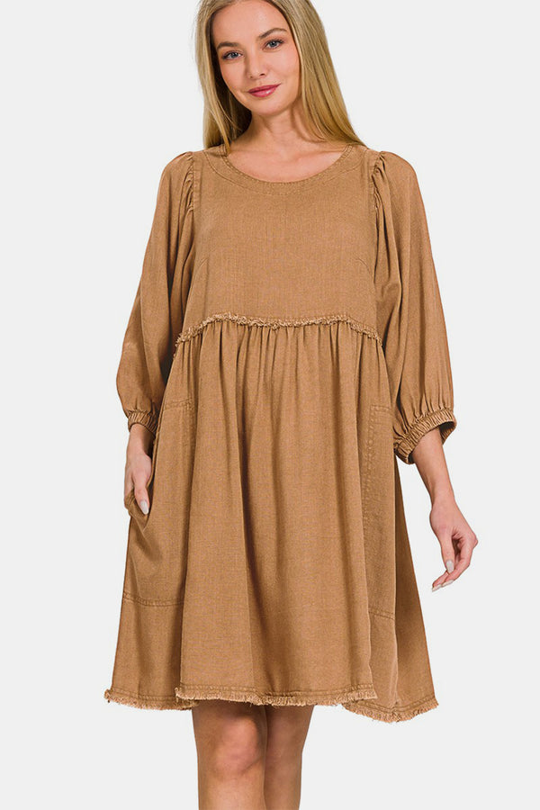 Zenana Washed Linen Pleated Puff Sleeve Babydoll Dress | Trendsi