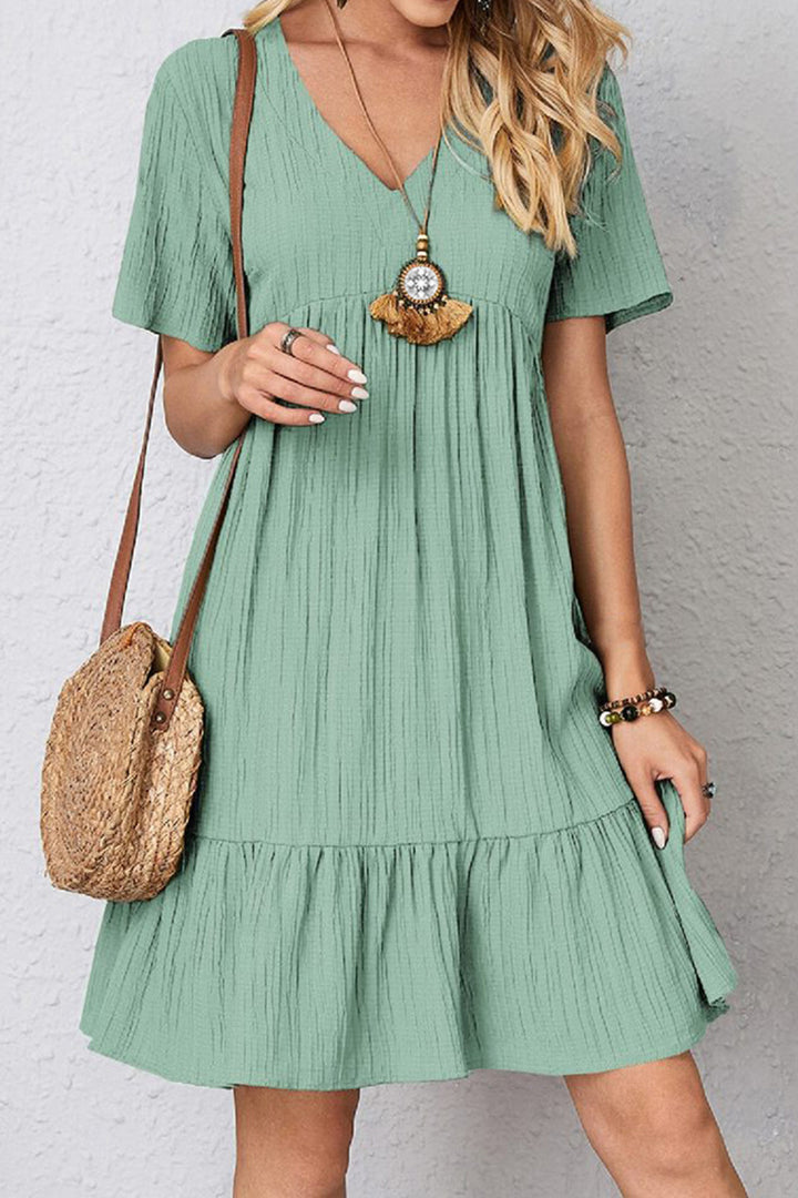 Full Size Ruched V-Neck Short Sleeve Dress | Trendsi