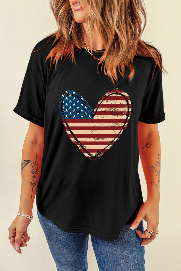 Stars and Stripes Heart Round Neck Short Sleeve T-Shirt | Trendsi