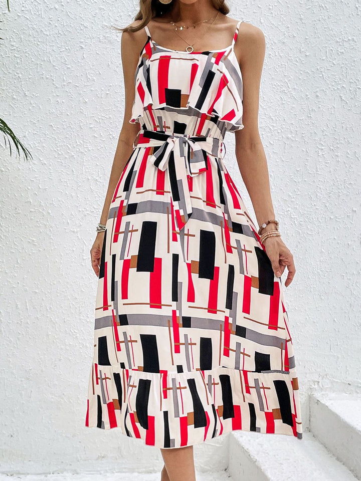 Ruffled Printed Tie Waist Midi Dress | Trendsi