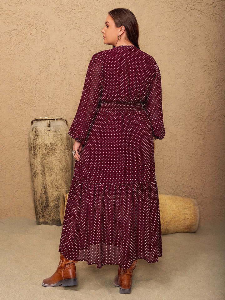 Plus Size Embroidered Polka Dot Tie Neck Long Sleeve Midi Dress | Trendsi