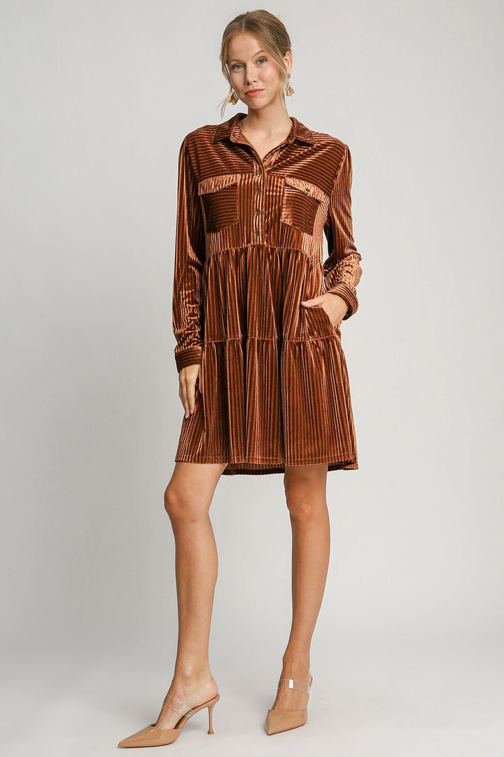 Umgee Texture Tiered Collared Long Sleeve Dress | Trendsi