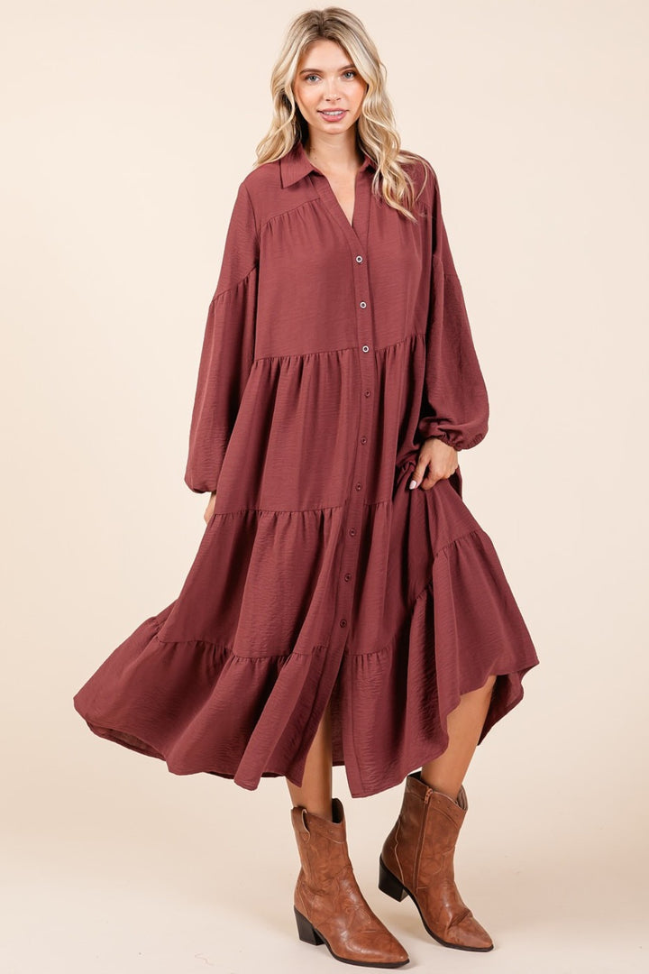 Mittoshop Tiered Button Down Long Sleeve Midi Dress | Trendsi