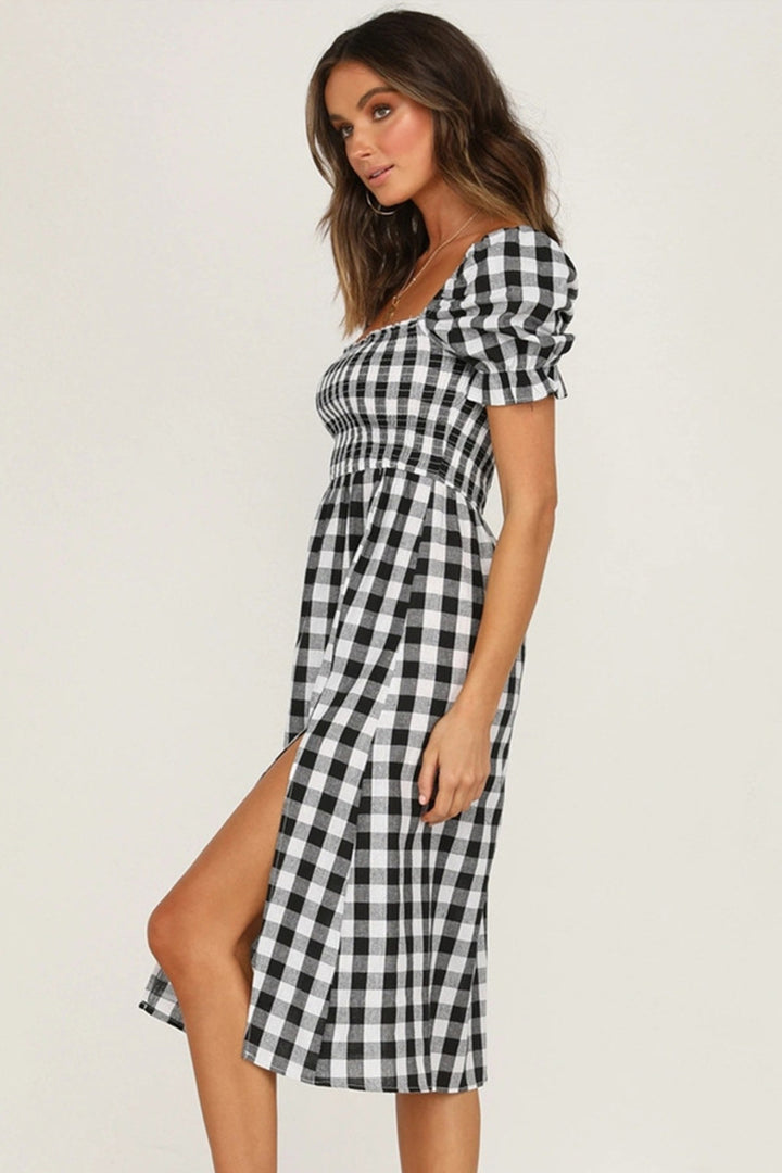 Full Size Slit Plaid Short Sleeve Midi Dress | Trendsi