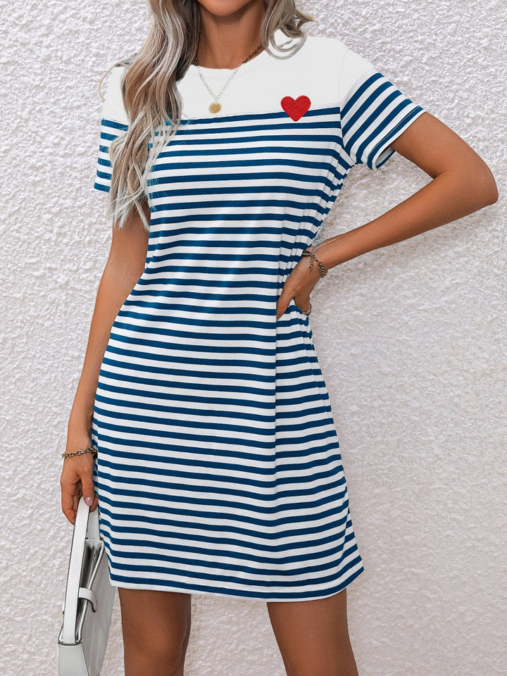 Striped Round Neck Short Sleeve Mini Tee Dress | Trendsi