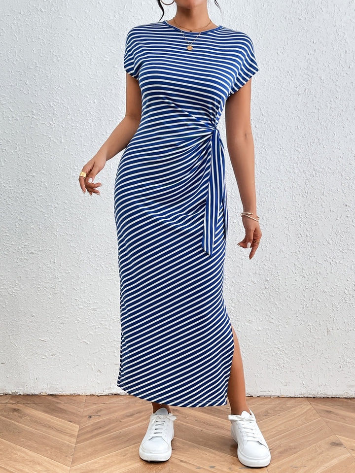 Tied Striped Round Neck Short Sleeve Tee Dress | Trendsi