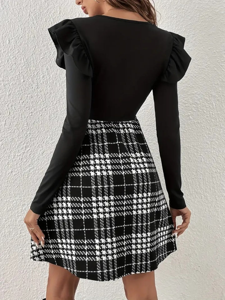 Ruffled Plaid Round Neck Long Sleeve Dress | Trendsi