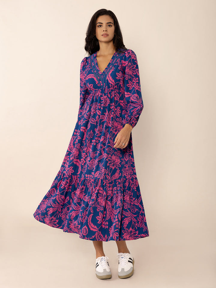 Printed V-Neck Long Sleeve Midi Dress | Trendsi