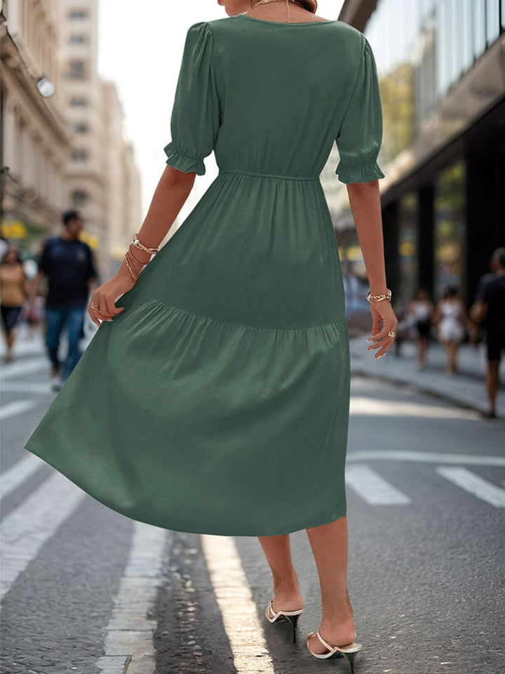 Ruched V-Neck Half Sleeve Midi Dress | Trendsi