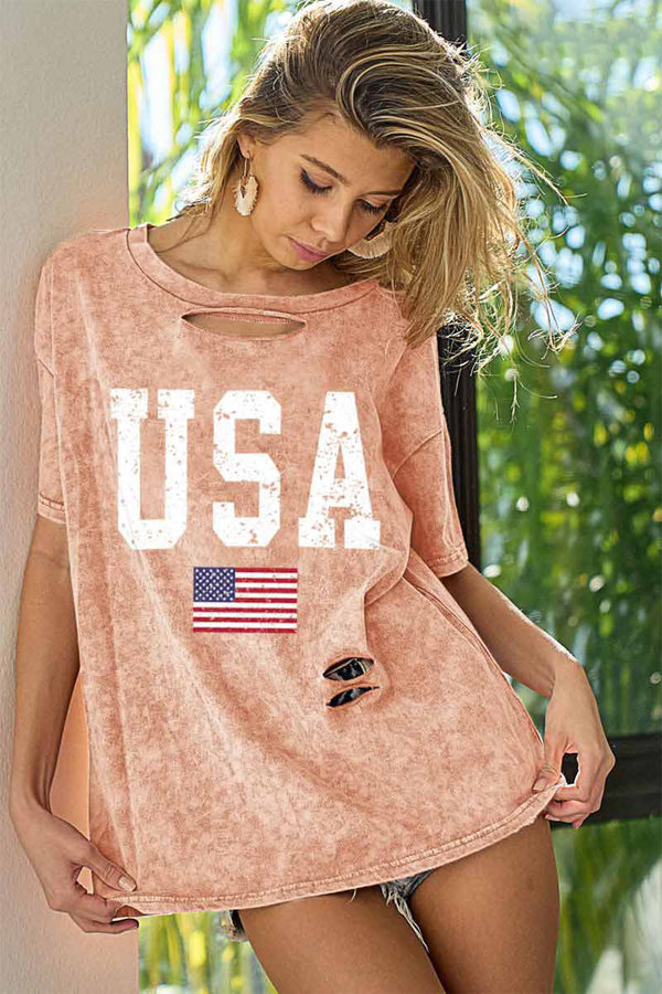 BiBi Washed American Flag Graphic Distressed T-Shirt | Trendsi