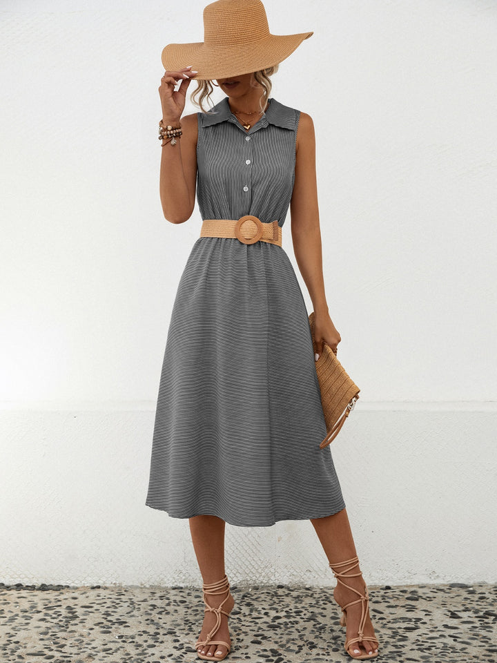 Striped Collared Neck Sleeveless Midi Dress | Trendsi