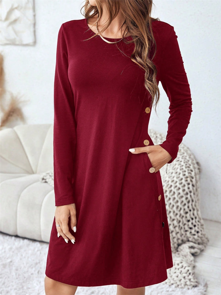 Round Neck Long Sleeve Mini Dress with Pockets | Trendsi