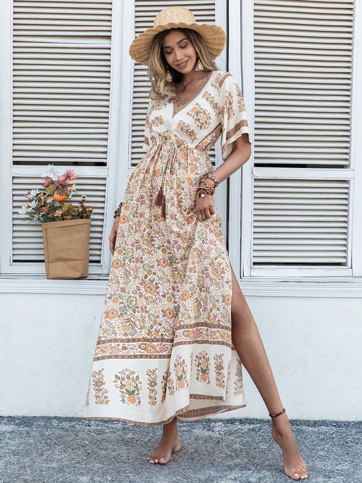 Drawstring Printed Plunge Half Sleeve Dress | Trendsi