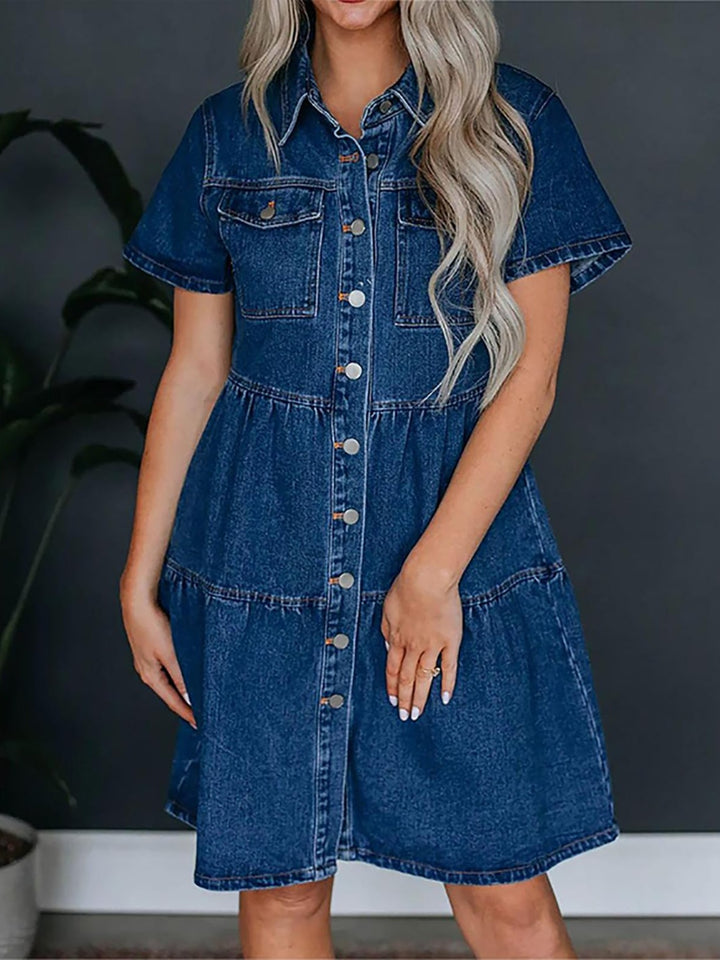 Pocketed Button Up Collared Neck Short Sleeve Denim Dress | Trendsi