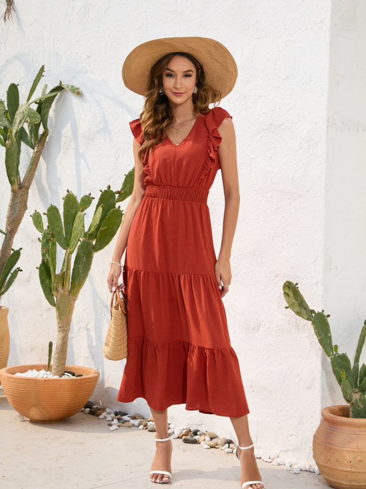 Tiered Ruffled V-Neck Cap Sleeve Dress | Trendsi