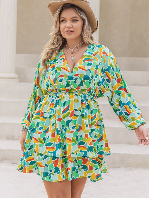 Plus Size Printed Surplice Long Sleeve Mini Dress | Trendsi