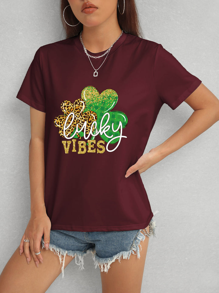 LUCKY VIBES Round Neck Short Sleeve T-Shirt | Trendsi