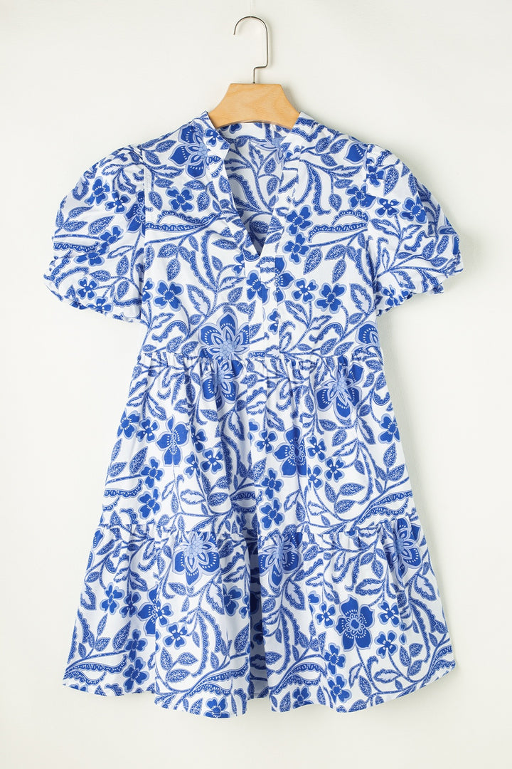 Printed Notched Puff Sleeve Dress | Trendsi