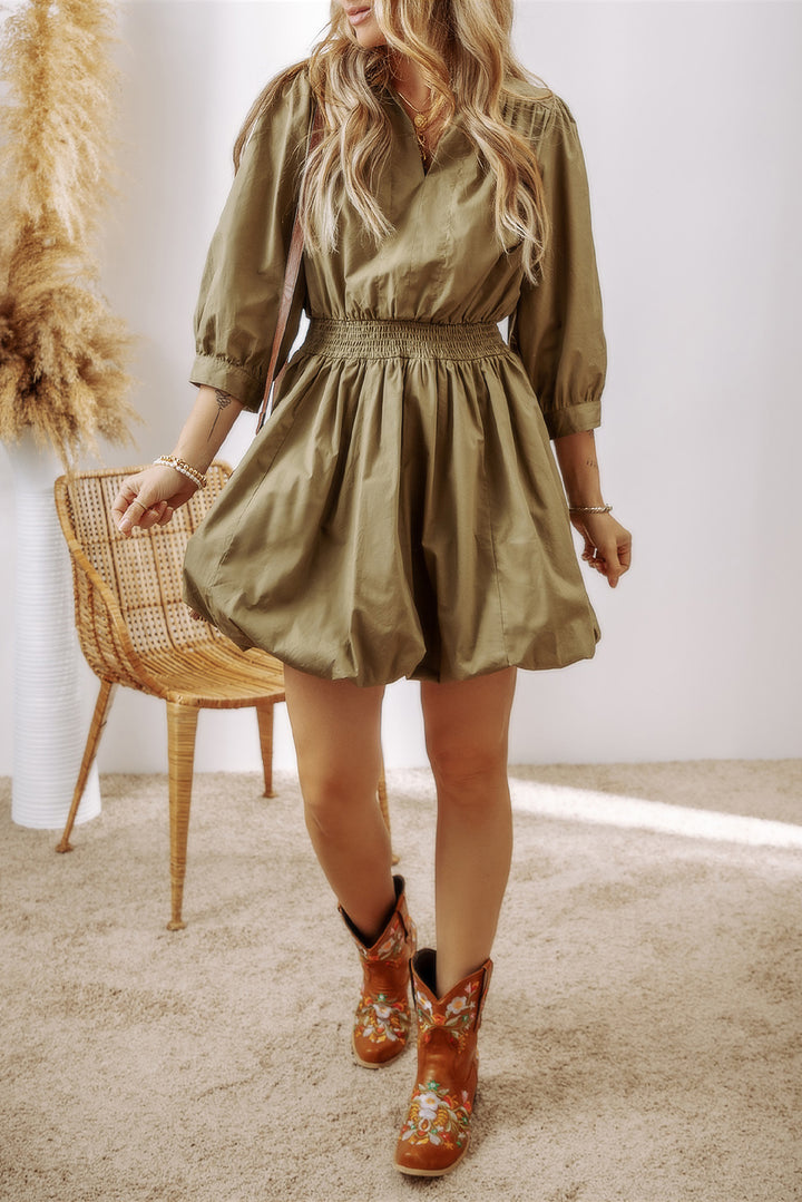 Smocked Johnny Collar Three-Quarter Sleeve Mini Dress | Trendsi