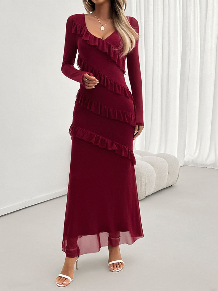 Devine Ruffled Surplice Long Sleeve Maxi Dress | Trendsi