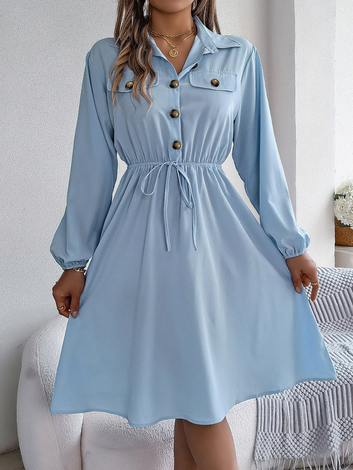 Collared Neck Long Sleeve Dress with Pockets | Trendsi