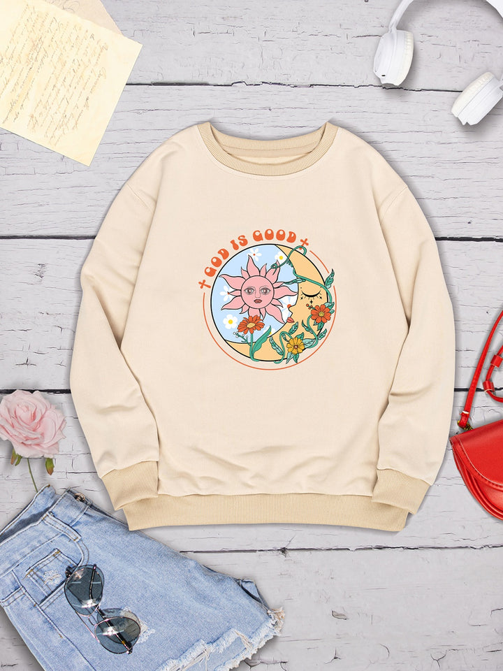 Graphic Round Neck Dropped Shoulder Sweatshirt | Trendsi