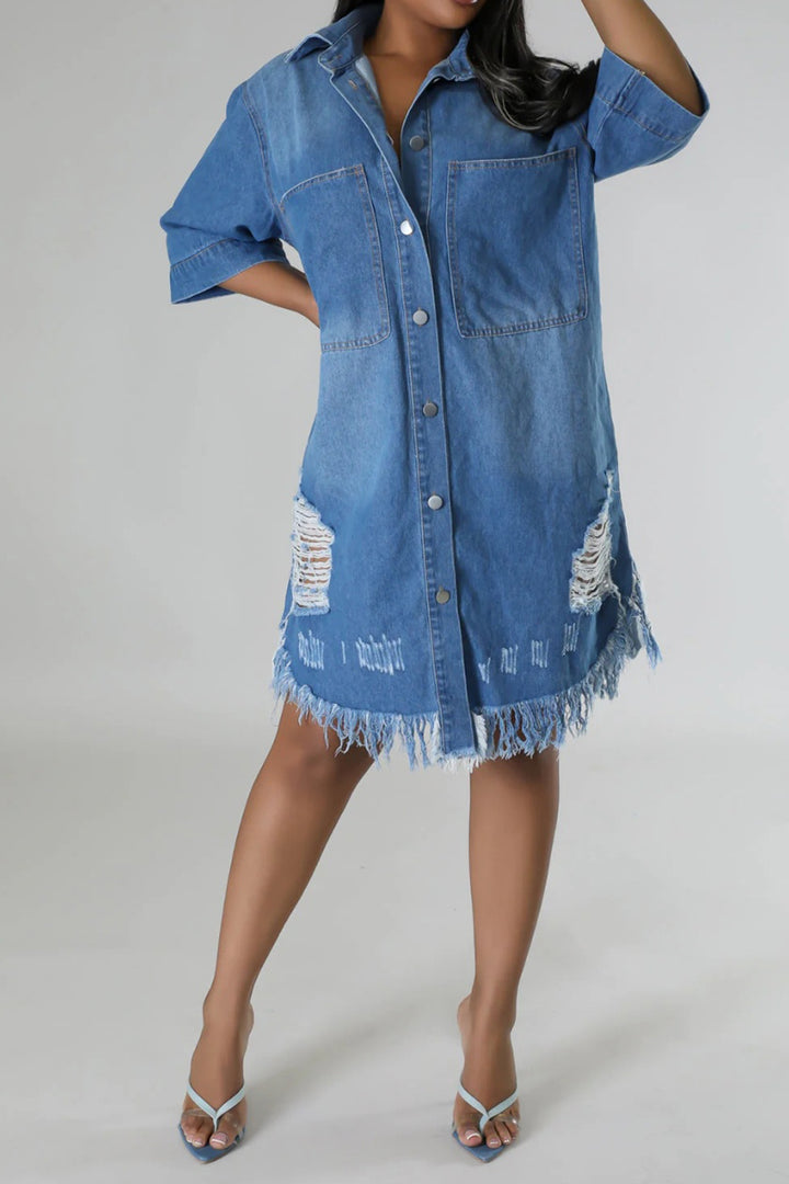 Distressed Raw Hem Button Up Denim Dress | Trendsi