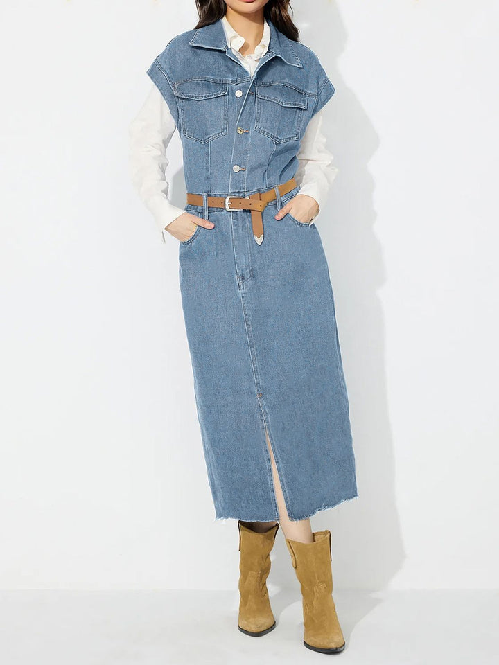 Slit Half Button Collared Neck Cap Sleeve Denim Dress | Trendsi