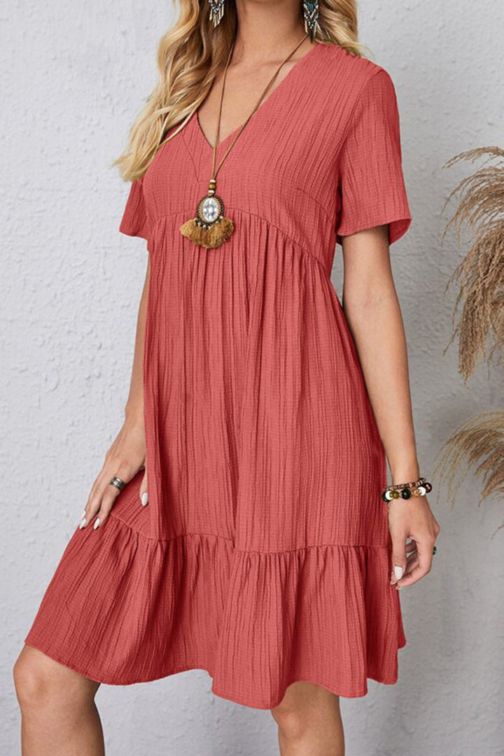 Full Size Ruched V-Neck Short Sleeve Dress | Trendsi