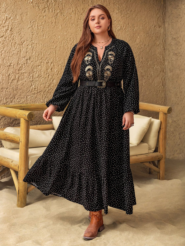 Plus Size Embroidered Polka Dot Notched Long Sleeve Dress | Trendsi